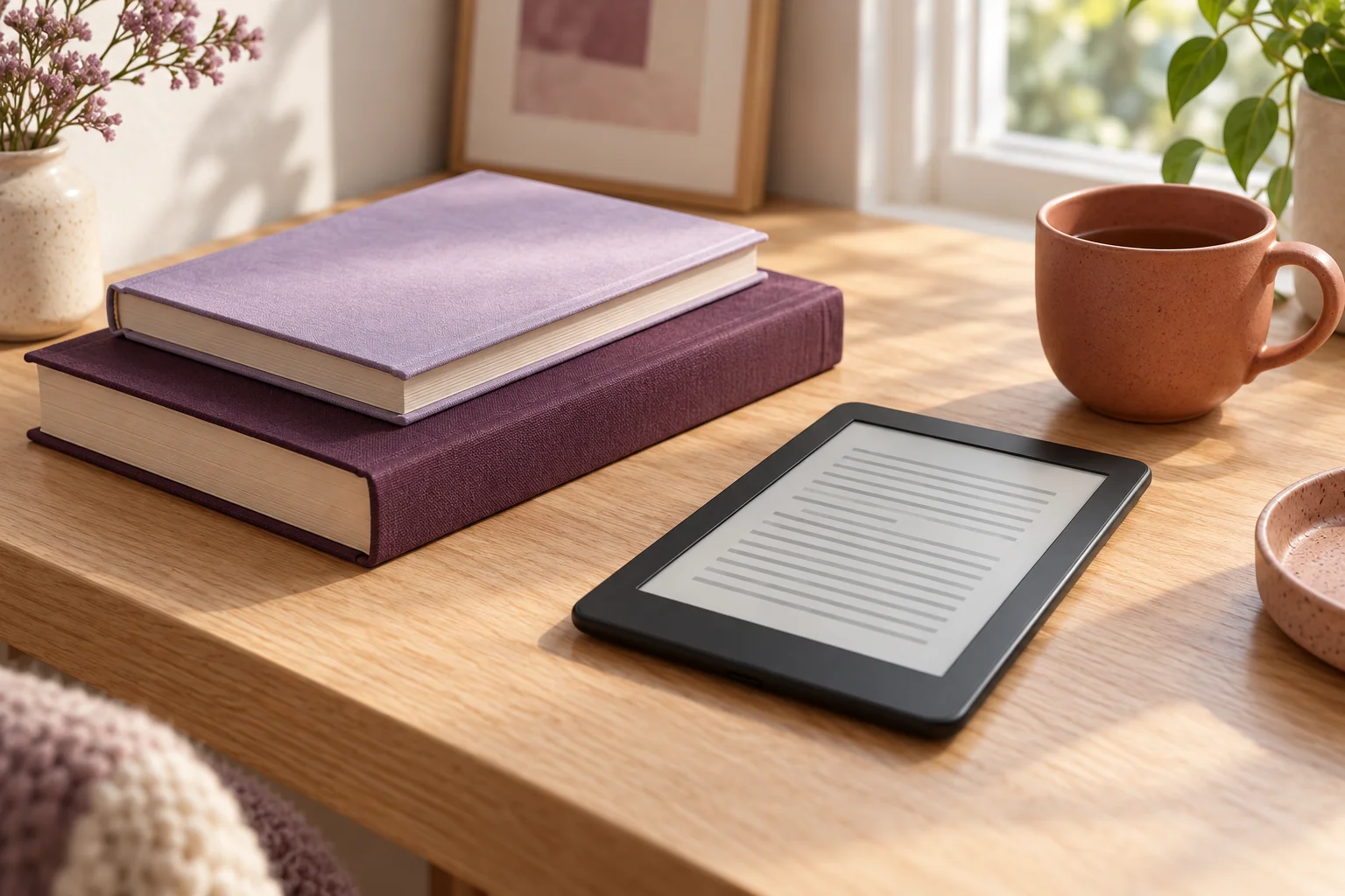 Two purple books beside an e-reader and a mug on a wooden table.